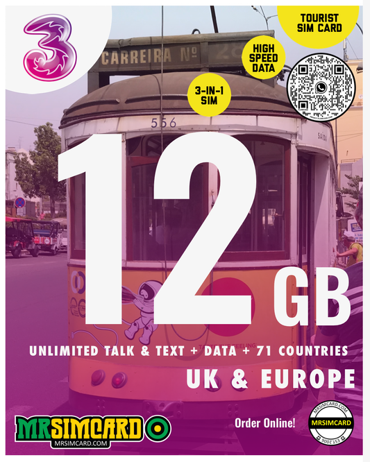 European Tourist Sim -3 UK - 12GB/16GB