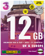European Tourist Sim -3 UK - 12GB/16GB